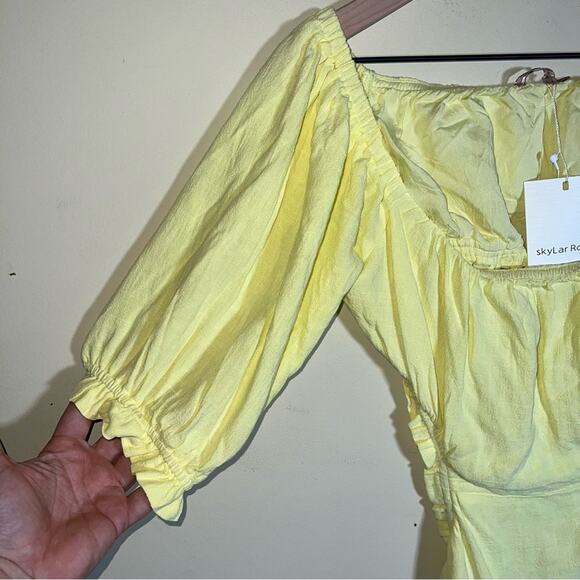 SKYLAR ROSE Linen Blend Cutout Off Shoulders Butter Yellow mini dress L - Picture 5 of 6